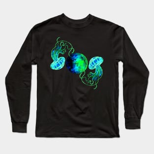 Turquoise Moon and Space Jellyfish Long Sleeve T-Shirt